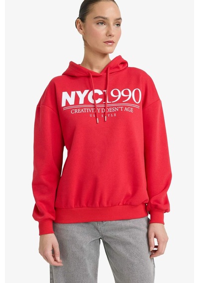 Defacto Relax Fıt Kapüşonlu Baskılı Kalın Sweatshirt Kumaşı Sweatshirt G7129ax25wnrd256 Kırmızı-rd256
