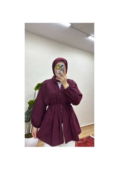 Moonsc Kadın Nervürlü Keten Tesettür Gömlek - Bordo