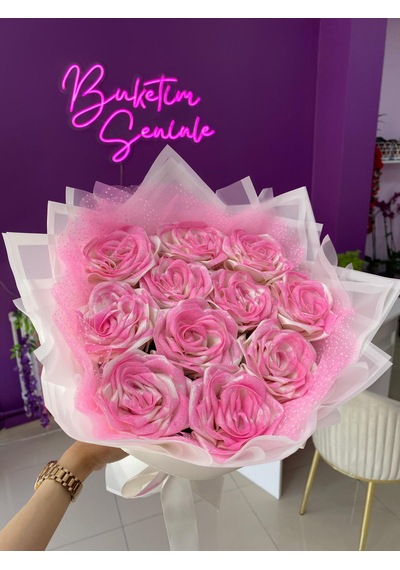 11'li Pembe Simli Solmayan Saten Gül Buketi, Sevgiliye Hediye Açık Pembe