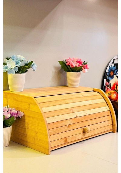 Makri Home Doğal Bambu Demonte Ekmeklik, Ekmek Kutusu, Kayar Kapaklı, Geniş Hacimli, 38 X 23 X 19 Cm Turuncu