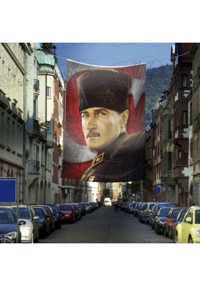 Mavi Gözlü Kalpaklı Gazi Mustafa Kemal Atatürk -ay Yıldız Türk Bayrağı Cephe Poster Bayrak-4x6 Metre 1