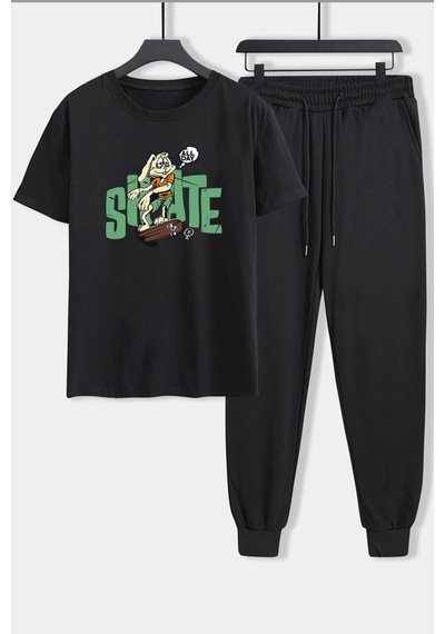 Uyguntarz Unisex All Day Rabbit Baskılı 2'li Eşofman Takımı Siyah
