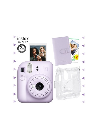 Fujifilm Instax Mini 12 Fotoğraf Makinesi + 20'li Film + Laporta Albüm + Şeffaf Kılıf Seti Lila