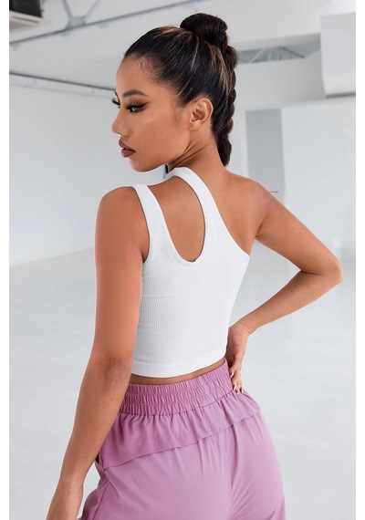 Angbutik Kadın Beyaz Tek Omuz Cut Out Detaylı Crop Top Bluz