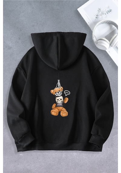 Nevermind Unisex Kadın Erkek Ayı Maskeli Oversize Sweatshirt Siyah