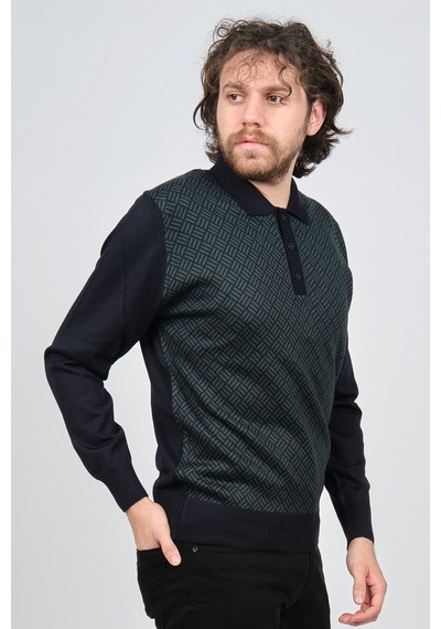 Pave Erkek Polo Yaka Desenli Yün Kazak 4537134 Lacivert Lacivert