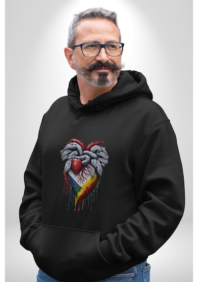 Kalp Damar Renkli Boyalı Kadın Erkek Siyah Kapüşonlu Sweatshirt Hoodie Siyah