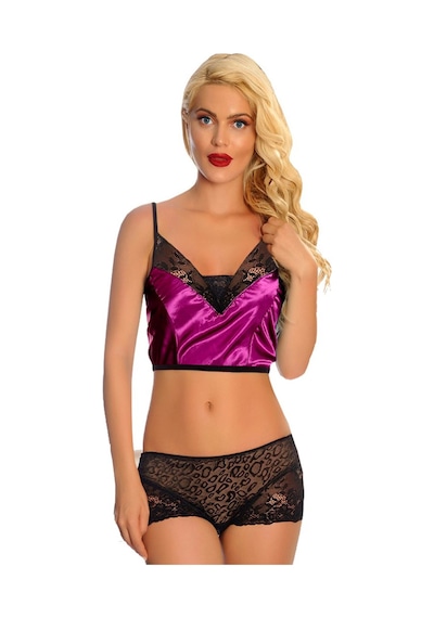 sistina Mor Saten Dantelli Babydoll Şortlu Takım - 287 Kırmızı