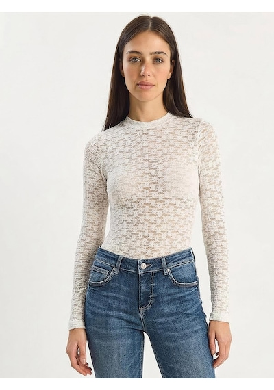 Shade Kadın Uzun Kollu Yarım Balıkçı Yaka Transparan Tül Dantel Bodysuit 1034 60283930 - Beyaz