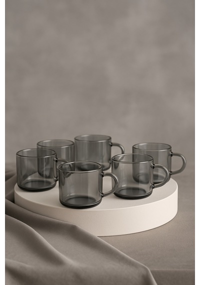Elta Collection 6 Lı Füme Cam Kupa Kahve Fincanı Isıya Dayanıklı, Minimal Tasarım, 120 Cc Gri
