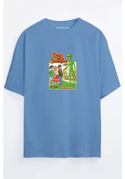 Dont Talk Strangers Uzaylı Unisex Siyah - Beyaz Oversize T-shirt Mavi