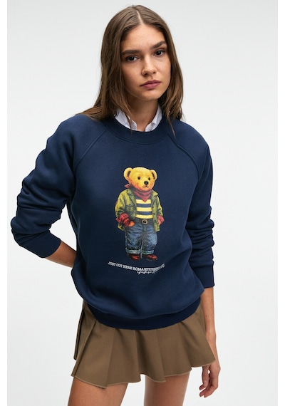 Grimelange AELORIA Kadın Önü Baskılı Reglan Kol Oversize Lacivert Sweatshirt