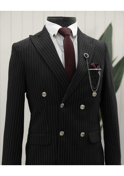 Beystil Sivri Yaka Siyah Çizgili Kruvaze Takım Elbise Lecce- Slim Fit Siyah