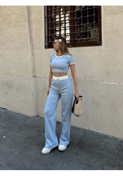 By Mop Crop Pantolon Biyeli Takım Mavi Mavi