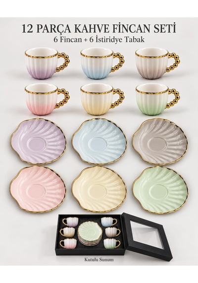 Valkyrie Perla Serisi 6 Kişilik 12 Parça Porselen Türk Kahvesi Fincan Takımı Pastel Gold Renkli çok renkli