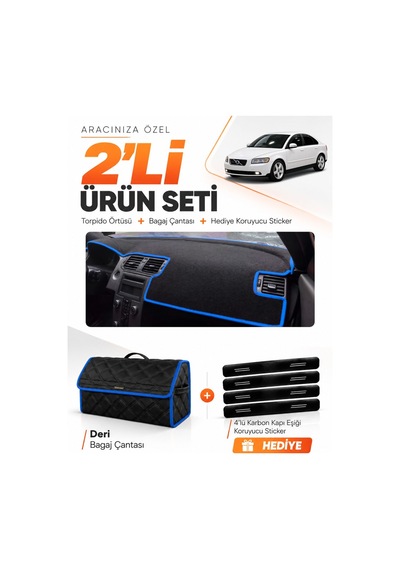 Volvo S40 2008-2012 Uyumlu Torpido Örtüsü + Deri Bagaj Çantası + Sticker Seti - Siyah Mavi