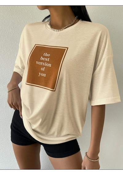 Startmore The Version Baskılı Oversize Unisex T-shirt Bej