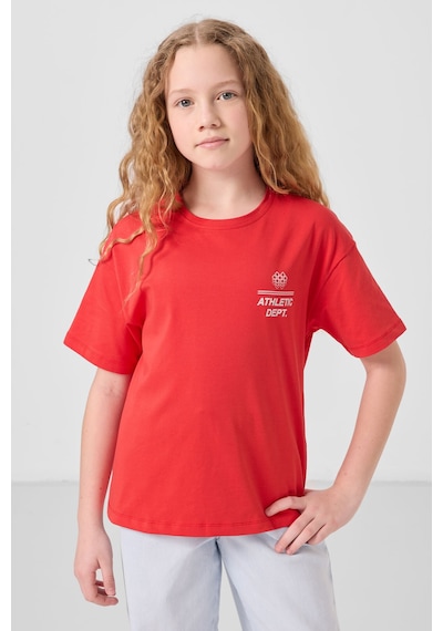 Fiesta Pamuklu O Yaka Oversize Fit Baskılı Kız Çocuk T-shirt - 75178 Kırmızı