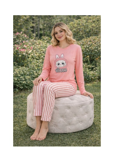 Rindahomewear Kadın Süprem Labubu Baskılı Uzun Kol Pijama Takımı Mercan
