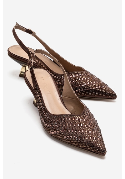 Luvishoes Royale Kahverengi Saten Taşlı Kadın Kısa Topuklu Abiye Ayakkabı