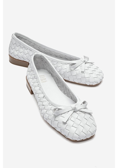 Luvi Shoes Garen Beyaz Örgü Hakiki Deri Fiyonklu Kadın Babet Ayakkabı