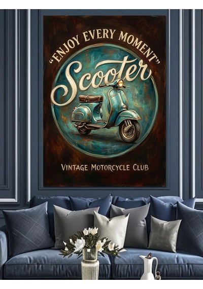 Retro Scooter Ve Özgürlük Yazısı Dekoratif Kanvas - Mdf Ahşap Tablo
