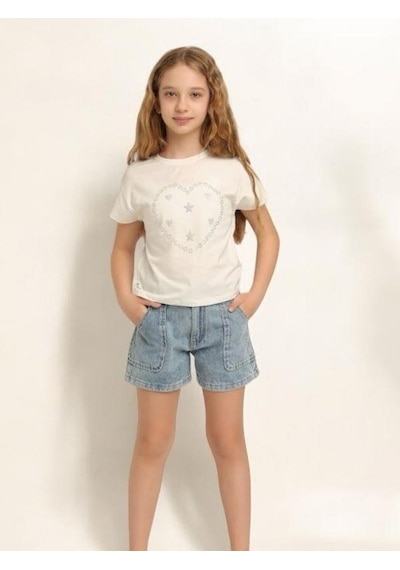 Escabel Kız Çocuk Pamuklu Yuvarlak Yaka Yarım Kol Taşlı T-shirt-15669 Ekru