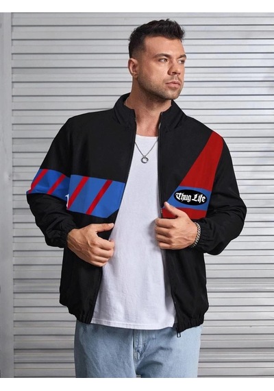 Ertaştrendstore Erkek Uzun Koll Fermuarlı Baskılı Rüzgarlik - Siyah