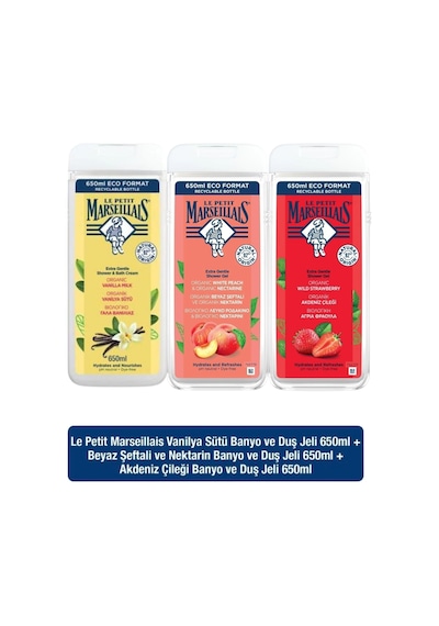Le Petit Marseillais Beyaz Şeftali ve Nektarin + Vanilya Sütü + Akdeniz Çileği Duş Jeli 3 x 650 ML