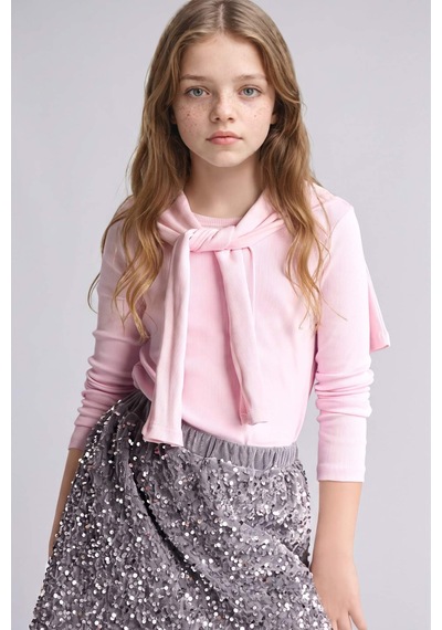Defacto Slım Fıt Bağlamalı Yaka Fitilli Uzun Kollu Tişört Kız Çocuk G0867a826aupn633 Pembe-pn633