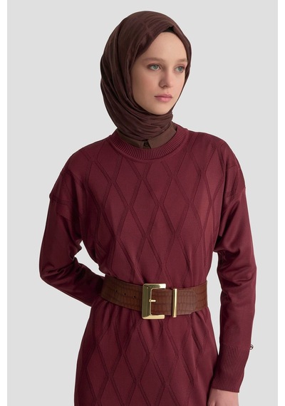 Armine Trend Baklava Desenli Triko Elbise Bordo 25ytd957