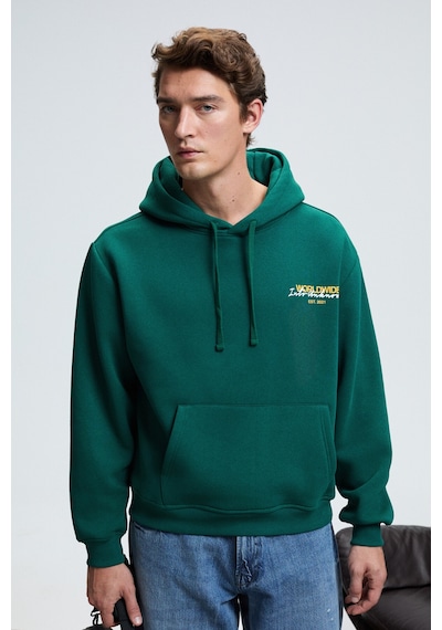 Grımelange PASCAL Erkek Kapüşonlu Kanguru Cepli Önü Ve Sırtı Baskılı Regular Fit Yeşil Sweatshirt
