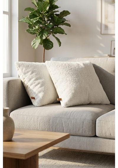 İskandinav Bohem 2'li Kırlent Kılıfı Modern Dekoratif Salon Koltuk Yastık Kılıfı 55x55 cm Teddy Puffy Beyaz