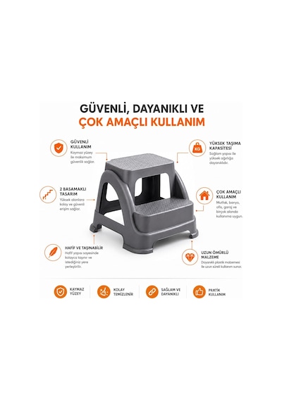 Lexroo 2 Basamaklı Merdiven Tabure Kaydırmaz Ayaklı Sağlam Plastik Basamak Standart