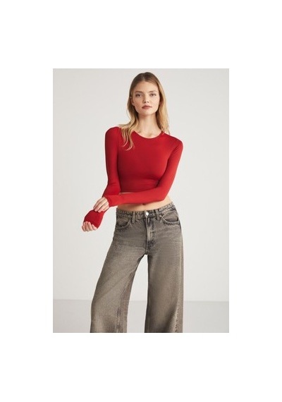 12storeez Esnek Uzun Kollu Kırmızı Kadın Crop Üst Modelleri İle Stil Acı kahve