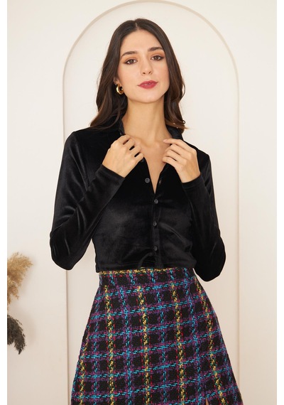 Darlin Moda Kadın Siyah Kadife Uzun Kollu Crop Gömlek Dm9003 Siyah