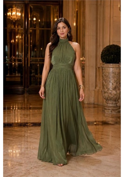 Neşeli Butik Kadın Olive Yeşil Halter Yaka Janjan Kumaş Premium Abiye Elbise Nbmy4128