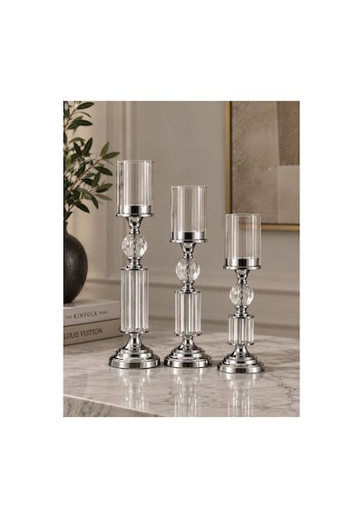 Kristal Ve Cam Detaylı Metal Şamdan Krom