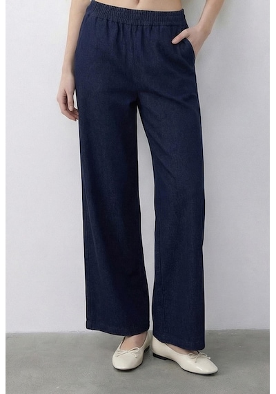 Shade Kadın Kruvaze Yaka Saten Kuşaklı Yelek Bol Pantolon Alt-üst Denim Takım 9415 60286044 - Lacivert