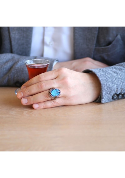 Erkek Yüzük - Aqua Paraiba Taşlı 925 Ayar Erkek Gümüş Yüzük