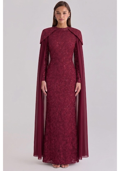 Olcay Pelerin Detaylı Kordone Dantel Exclusive Büyük Beden Tesettür Abiye Elbise Bordo 1096 Olcay Pelerin Detaylı Kordone Dantel Exclusive Büyük Beden Tesettür Abiye Elbise Bordo 1096