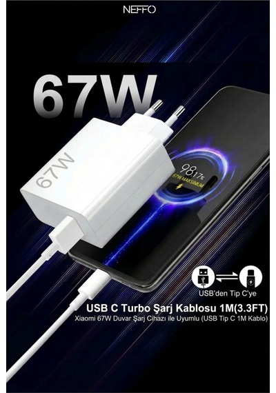 67w Hızlı Şarj Adaptörü Usb-a To Type-c Kablolu Android & İos Uyumlu Çift Turbo Hızlı Şarj Cihazı