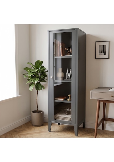 Alfafonet Ziglat Serisi Kilitli Metal Home Office Dolabı Cam Kapaklı Antrasit Gri Ral 7016 450x1500x450 Mm