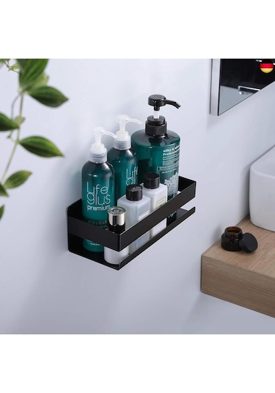 Siyah Paslanmaz Metal Banyo Rafı - 3m Yapışkanlı Duş Rafı Ve Mutfak Düzenleyici Organizer - Matkap Gerektirmeyen Kolay Montaj