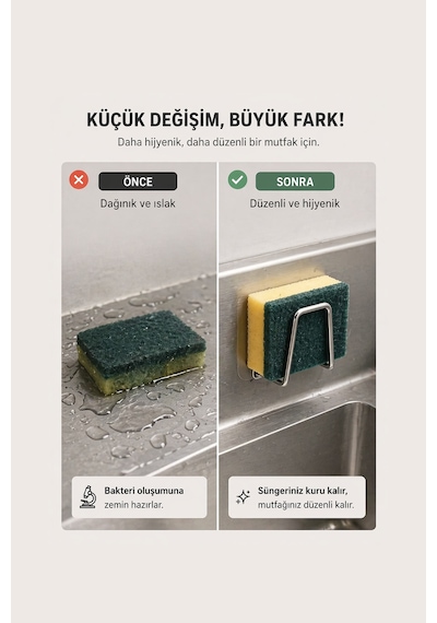Paslanmaz Çelik Yapışkanlı Drenaj Evye Lavabo Sünger Tutucu Banyo Mutfak Organizer 4,5 cm