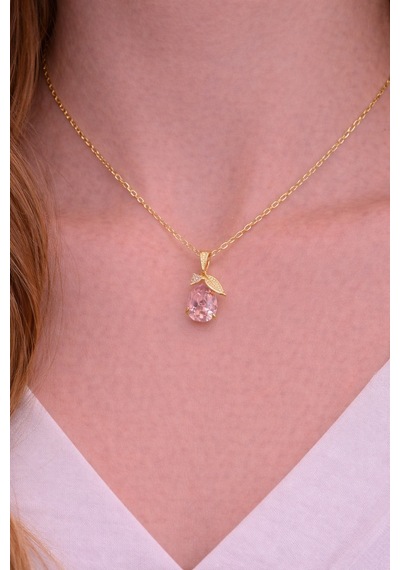 Gold Renk Pembe Çiçek Model Zirkon Taşlı Kadın Çelik Kolye Altın