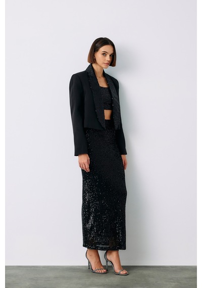 Sateen Pul Payetli Midi Etek - Siyah-135196 Siyah