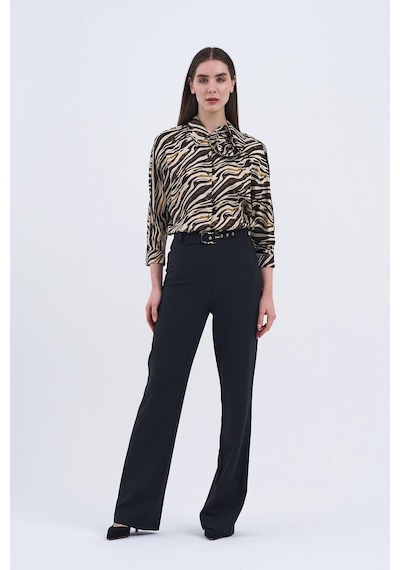 Trend Kadın Yeni İkili Takım Siyah Pantolon Ve Zebra Desenli Bluz Siyah