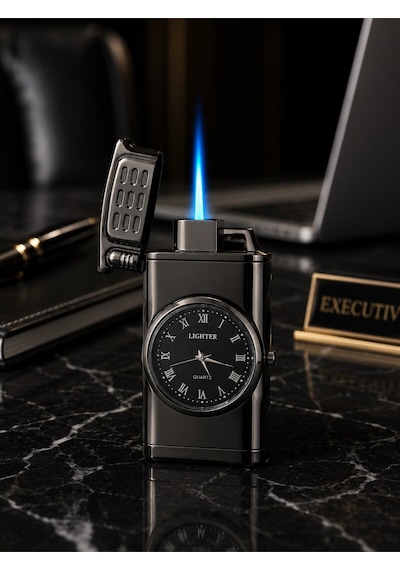 Premium Saatli Led Işıklı Jet Alevli Metal Çakmak Özel Lüks Çakmak Prestij Hediye Dolu Gönderim Füme