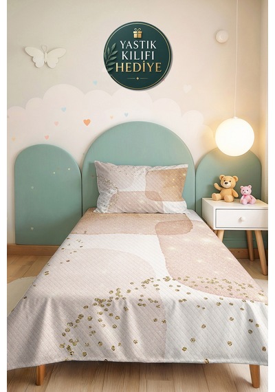 Modern Bej Geometrik Tek Kişilik Pike Takımı - Pudra Altın Simli 160x220 Cm Kapitone Yatak Örtüsü Narin Kervan Aurası